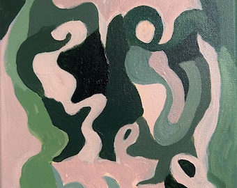 Betoverd bos – Origineel abstract acrylschilderij, 8 x 10 diepgroene kunst, humeurig botanisch canvas