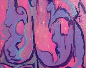 Origineel acrylschilderij "We Dreamed the Same Dream" | 8 x 10 canvaskunst, grillig surrealisme, roze en paarse pastelesthetiek, kosmische muur