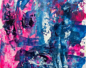Chasing Dreams – Origineel abstract acrylschilderij op papier, levendig roze en diepblauw, 9 x 12 impressionistisch paletmes Fine Art