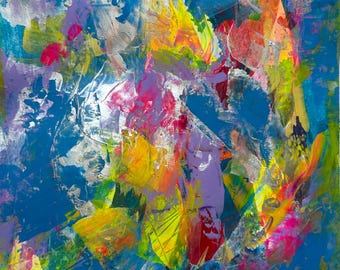 Bright on Time – Origineel abstract acrylschilderij op papier, levendig geel, blauw en metallic zilver, 9 x 12 paletmes Fine Art