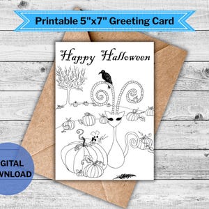 Puede incluir: Tarjeta de felicitación de Halloween en blanco y negro con un gato, calabazas y un cuervo. La tarjeta mide 12,7 cm x 17,8 cm y tiene la inscripción "Happy Halloween". Descarga digital.