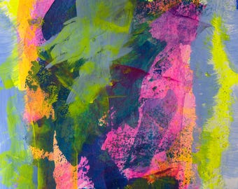 Color Riot – Origineel abstract acrylschilderij op papier, levendige neonmuurkunst, kleurrijke chaotische kunst, 9 x 12