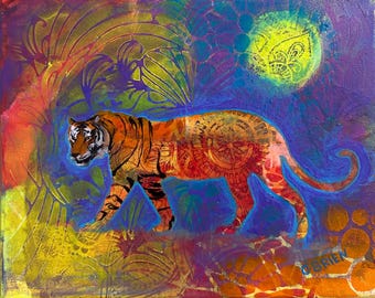 Walking in my Power, original mixed media tiger painting (8x10)