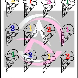 Könnte beinhalten: Ein Spar-Challenge-Diagramm für Kinder mit Eiswaffel-Illustrationen. Das Diagramm zeigt oben den Text "$25 kids Savings Challenge". Jede Eiswaffel hat eine Nummer von 1 bis 3 in verschiedenen Farben.