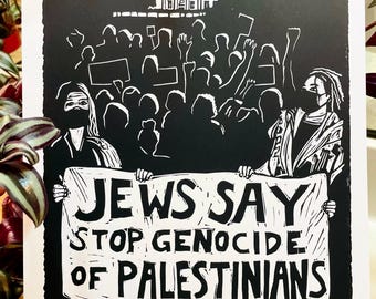 May include: Black and white print featuring a crowd of people protesting in front of a depiction of the White House. A banner reads "Jews Say Stop Genocide of Palestinians."