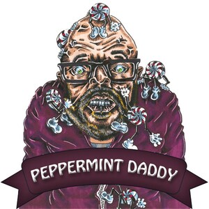 Pode incluir: Uma ilustração de desenho animado de um homem careca com uma jaqueta roxa. Ele tem uma barba grande e está coberto de doces de menta. O texto "Peppermint Daddy" está escrito em uma faixa abaixo dele.