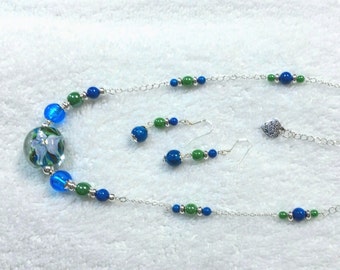 Blue and Green Lily Lampworked Glass Necklace and Earrings Set