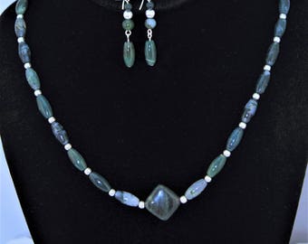 Moss Agate Necklace and Earrings Set with Silver-Plated beads, clasps and Ear wire hangers
