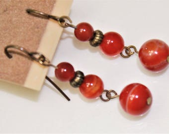 Red Carnelian Earrings on antiqued gold plated fish hook hangers