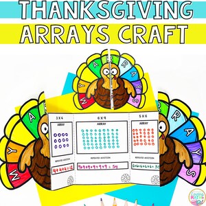 May include: A Thanksgiving-themed craft activity for kids to learn about arrays. The craft features a colorful turkey with a foldable body that includes three different arrays with corresponding repeated addition equations. The arrays are 3x4, 6x9, and 5x6.