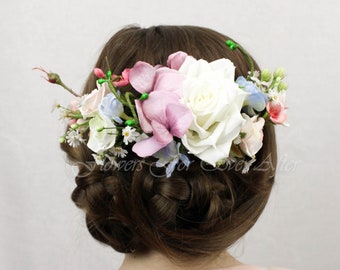 Flora Bridal flower Hair Comb, Powder Blue, Mauve Purple, Blush Pink silk artificial wedding, bridal hair flowers, floral hair comb