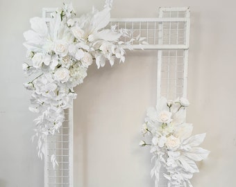 Celine, White Luxe Wedding Arbor Silk Floral decoration, Romantic Luxe Ceremony arrangement decoration flowers orchids roses palms