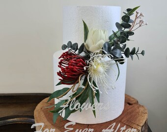 Melba Cake Flowers Red and White Australian Natives with gum leaves Floral Cake Decoration Wedding Cake decoration Engagement cake topper