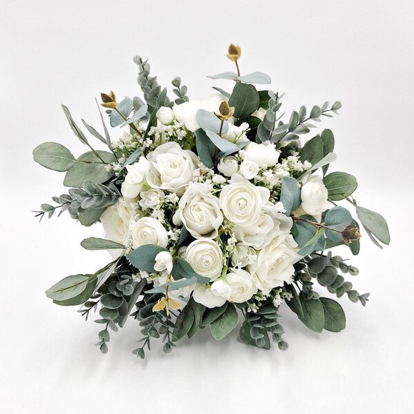 Bouquet de mariée Anne blanc et gomme indigène Bouquet de mariée Fleurs de mariage Posy de mariage Rose bouquet de mariée Babys Breath eucalyptus bleu