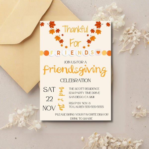 Editable Friendsgiving Invite | Thankful for Friends Canva Template | 5x7 & 1080x1920 Digital Download | Fall Party Evite Printable