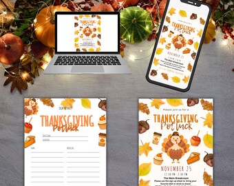 Thanksgiving Potluck Invite & Sign Up Sheet Bundle | Editable Canva Template for Office, School, Friendsgiving