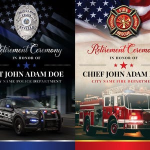 May include: Retirement ceremony invitation featuring a blue and white American flag background, a police badge, and a black SUV. The text reads "Retirement Ceremony in honour of Sgt John Adam Doe City Name Police Department".