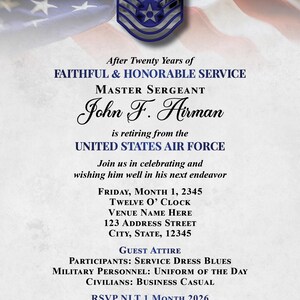 May include: An invitation card with a patriotic theme, featuring the American flag and a blue and silver Air Force emblem. Text announces the retirement of Master Sergeant John F. Airman after twenty years of service.
