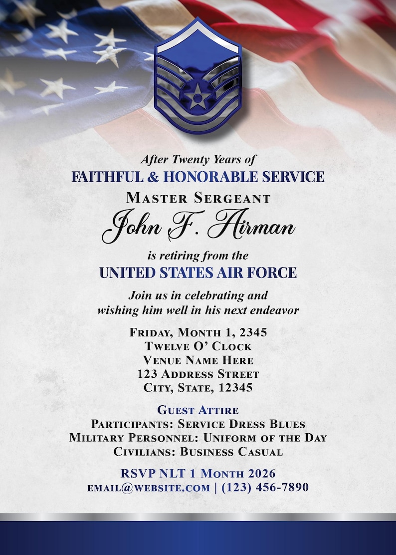 May include: An invitation card with a patriotic theme, featuring the American flag and a blue and silver Air Force emblem. Text announces the retirement of Master Sergeant John F. Airman after twenty years of service.
