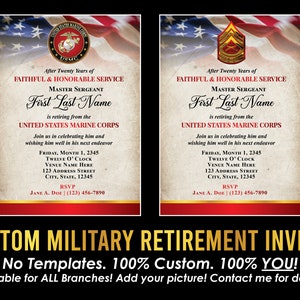 May include: Custom military retirement invites with a US Marine Corps theme. The design features a US flag background, a Marine Corps emblem, and text with event details. The invites are customizable.
