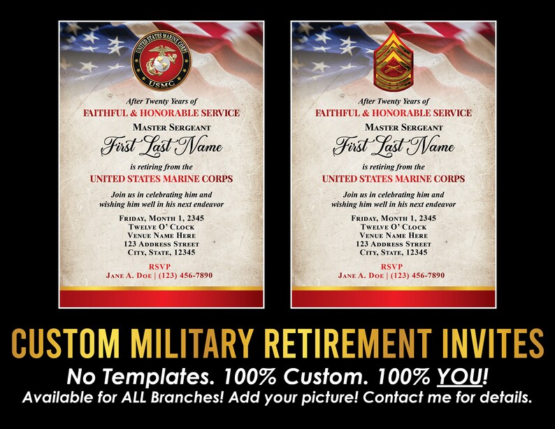 May include: Custom military retirement invites with a US Marine Corps theme. The design features a US flag background, a Marine Corps emblem, and text with event details. The invites are customizable.
