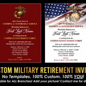 May include: Custom military retirement invitations with text in gold and white. The invitations feature a Marine Corps emblem and text that reads "After Twenty Years of Faithful & Honorable Service." The bottom text says "No Templates. 100% Custom. 100% YOU!"
