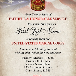 May include: An invitation card with a vintage design, featuring the American flag in the background. The text reads "After Twenty Years of Faithful & Honorable Service" and announces the retirement of a Master Sergeant from the United States Marine Corps.