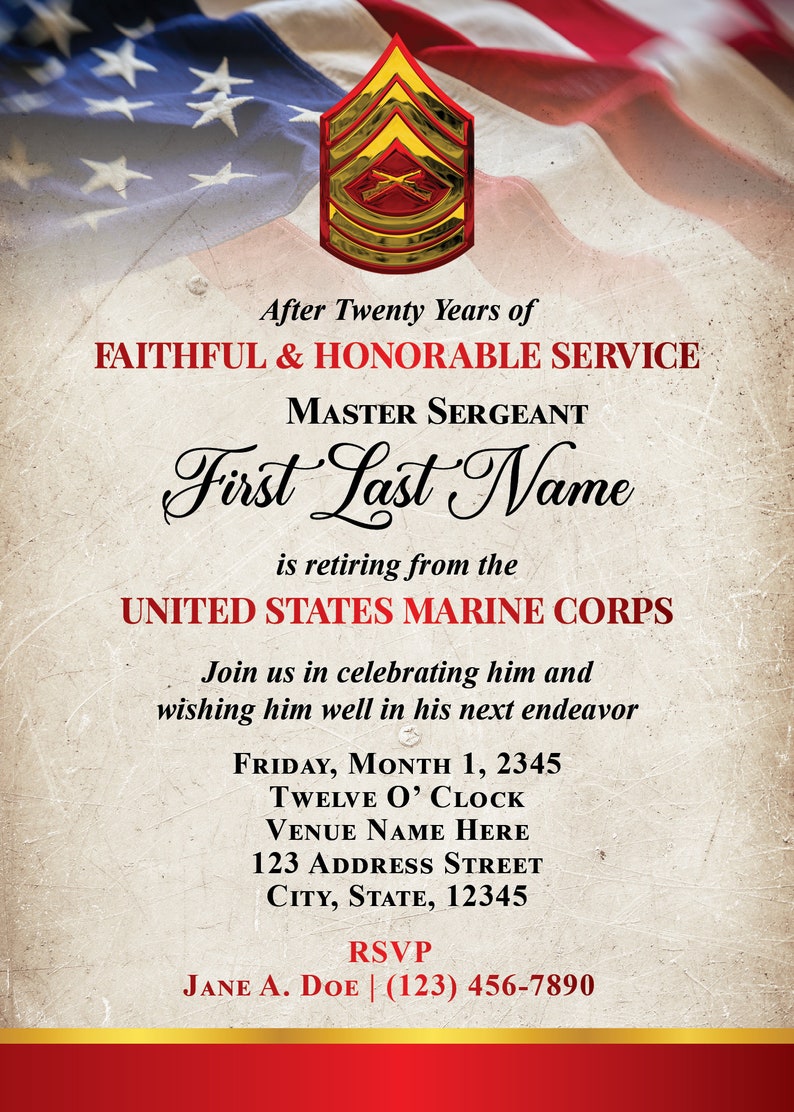 May include: An invitation card with a vintage design, featuring the American flag in the background. The text reads "After Twenty Years of Faithful & Honorable Service" and announces the retirement of a Master Sergeant from the United States Marine Corps.