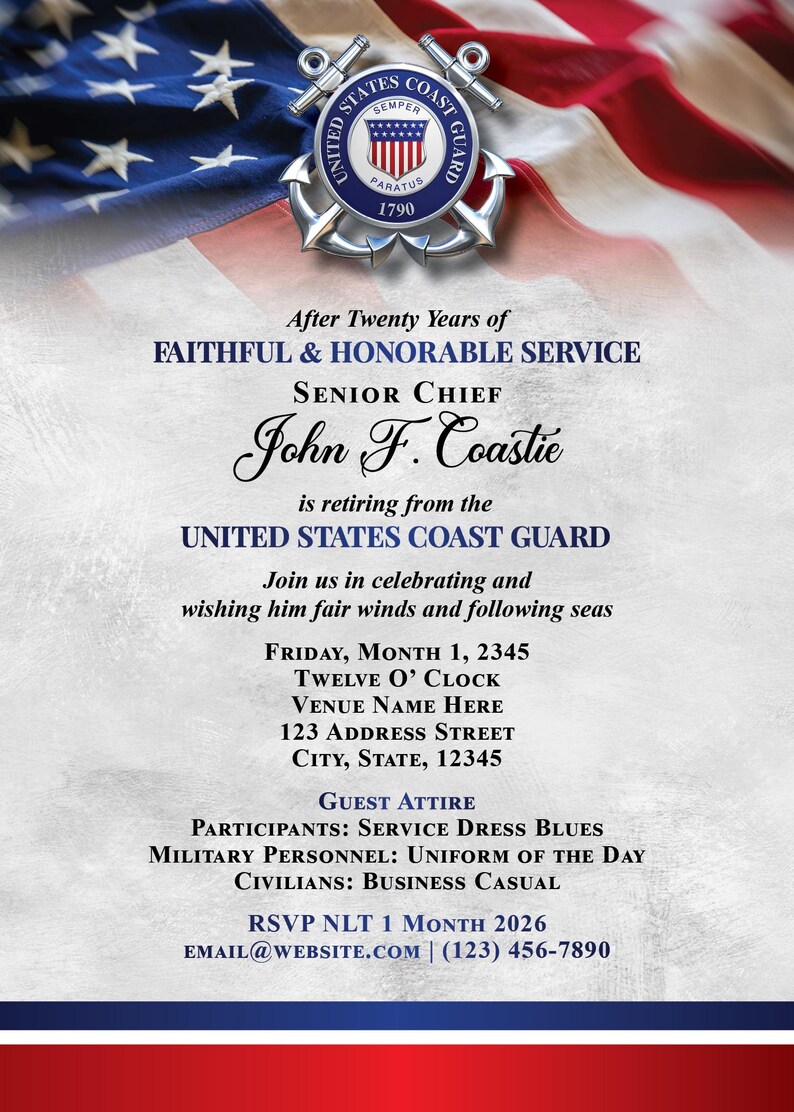 May include: An invitation for the retirement of Senior Chief John F. Coastie from the United States Coast Guard. The design features the Coast Guard emblem, the American flag, and event details.
