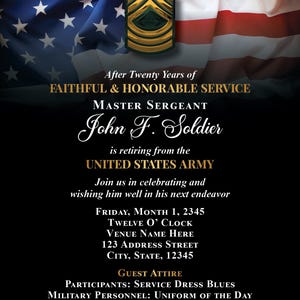 May include: An invitation card with an American flag background and a Master Sergeant's insignia. The text reads "After Twenty Years of Faithful & Honorable Service" and announces the retirement of John F. Soldier from the United States Army.