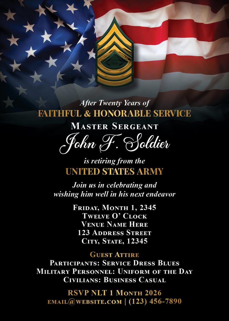 May include: An invitation card with an American flag background and a Master Sergeant's insignia. The text reads "After Twenty Years of Faithful & Honorable Service" and announces the retirement of John F. Soldier from the United States Army.