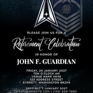 May include: A navy blue invitation for a retirement celebration. The invitation features a silver emblem and the text "PLEASE JOIN US FOR A Retirement Celebration IN HONOR OF JOHN F. GUARDIAN". Details include the date, time, and location.