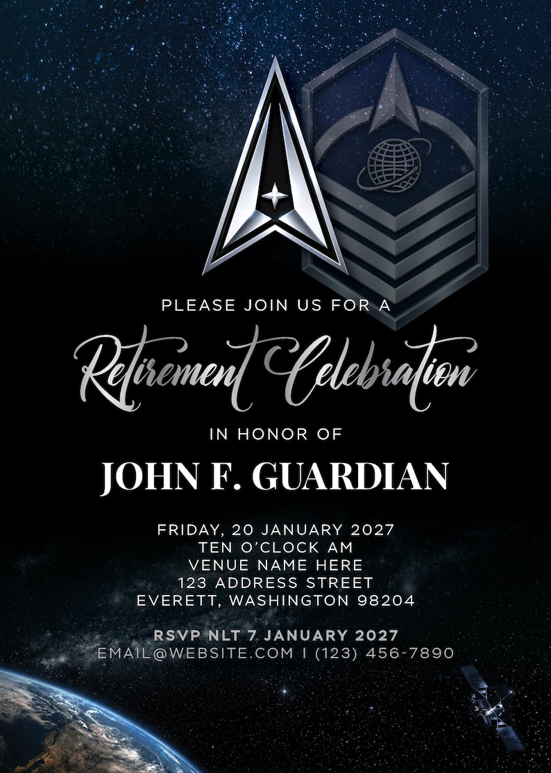 May include: A navy blue invitation for a retirement celebration. The invitation features a silver emblem and the text "PLEASE JOIN US FOR A Retirement Celebration IN HONOR OF JOHN F. GUARDIAN". Details include the date, time, and location.