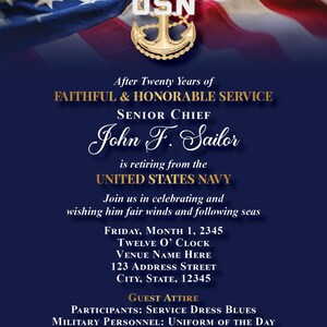 May include: Navy retirement announcement with an American flag background. Gold USN anchor emblem at the top. Text reads "After Twenty Years of Faithful & Honorable Service" for Senior Chief John F. Sailor, retiring from the United States Navy.