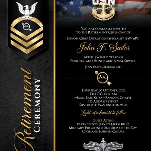 May include: A black invitation for a retirement ceremony. The invitation features gold text and accents, including the USN emblem and an American flag. The invitation is for John F. Sailor.