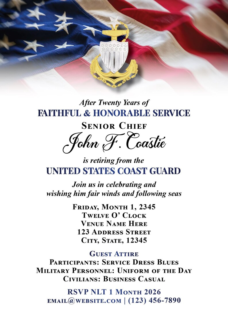 May include: An invitation with a U.S. flag background and a gold and silver Coast Guard emblem. The text announces the retirement of Senior Chief John F. Coastie from the United States Coast Guard.
