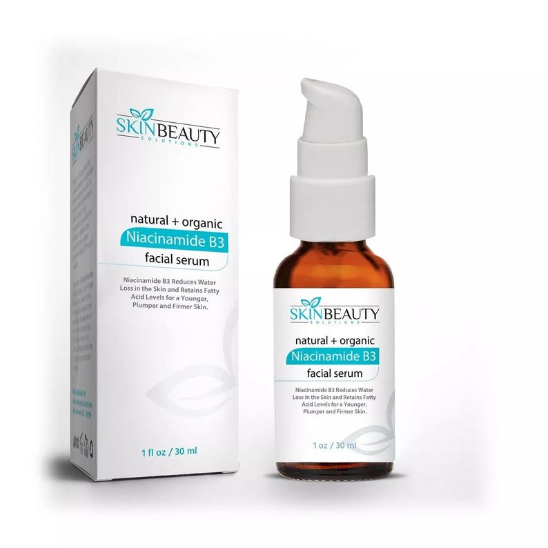 May include: A 30 ml bottle of Skin Beauty Solutions natural and organic Niacinamide B3 facial serum. The bottle is amber glass with a white pump top. The label is white with blue and green text. The text on the label reads "natural + organic Niacinamide B3 facial serum". Niacinamide B3 reduces water loss in the skin and retains fatty acid levels for a younger, plumper and firmer skin.