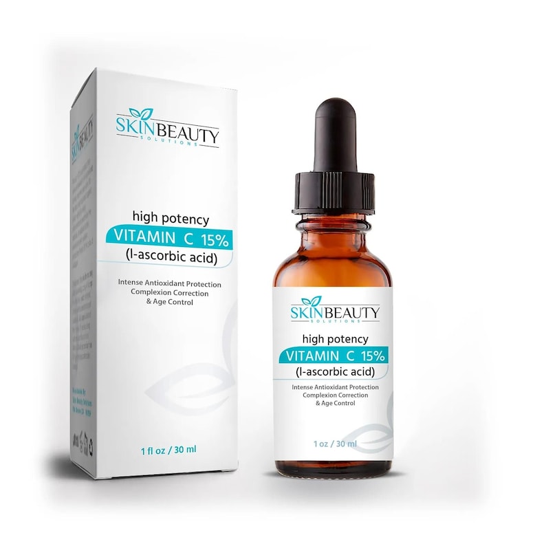 May include: A brown glass bottle with a black dropper top, labelled "SkinBeauty Solutions High Potency Vitamin C 15% (L-ascorbic acid)". The bottle contains a serum for intense antioxidant protection, complexion correction, and age control. The bottle is 1 fluid ounce or 30 millilitres.