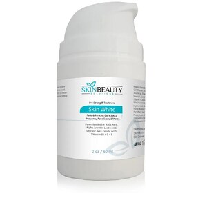 May include: A white plastic bottle with a pump dispenser containing Skin White Pre Strength Treatment by Skin Beauty Solutions. The bottle label features the product name, a description of its benefits, and a list of ingredients. The bottle is 2 ounces or 60 millilitres.
