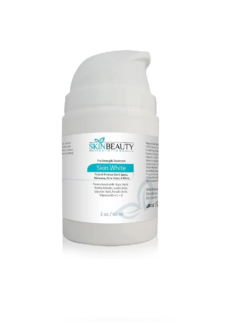 May include: A white plastic bottle with a pump dispenser containing Skin White Pre Strength Treatment by Skin Beauty Solutions. The bottle label features the product name, a description of its benefits, and a list of ingredients. The bottle is 2 ounces or 60 millilitres.