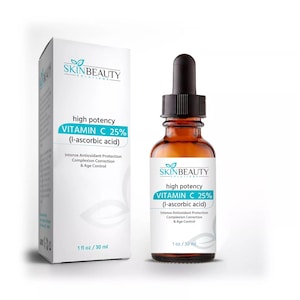 May include: A brown glass bottle with a dropper, labelled "SkinBeauty Solutions high potency Vitamin C 25% (l-ascorbic acid)". The bottle contains a serum for intense antioxidant protection, complexion correction, and age control. It is 1 fl oz / 30 ml.