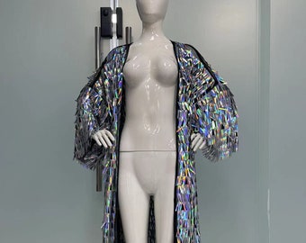 Sequin Festival Kimono Iridescent / silver, floor length, rave clothing, coat bohemian, festival outfit, disco sequin kimono