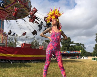 Pink Animal Catsuit, Leotard, Unitard. Sleeveless low back spandex print. Perfect for; Burning Man, festival, rave