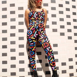 Block Confetti Catsuit, Leotard, Unitard. Sleeveless low back print. Perfect for; Burning Man, festival, rave