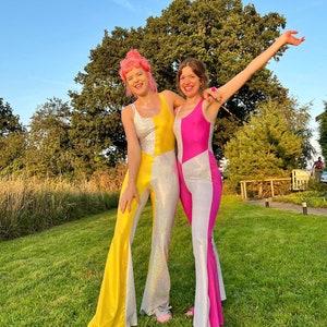 Flared Disco Catsuit, Leotard, Unitard. Sleeveless panelled foiled spandex. Perfect for; Burning Man, festival, rave, dance, party