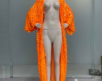 Sequin Festival Kimono Orange, floor length, rave clothing, coat bohemian, festival outfit, disco sequin kimono