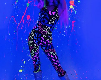 Neon Animal Catsuit, Leotard, Unitard. Sleeveless low back spandex print. Perfect for; Burning Man, festival, rave, UV