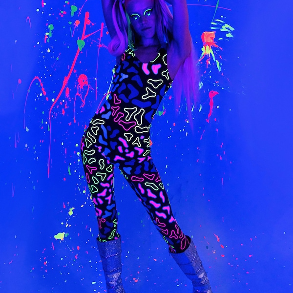 Neon Animal Catsuit, Leotard, Unitard. Sleeveless low back spandex print. Perfect for; Burning Man, festival, rave, UV