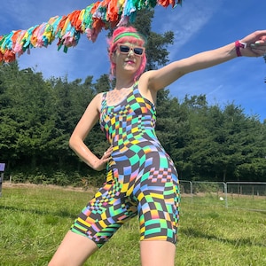 Block Melt UV Playsuit, Leotard, Unitard. Sleeveless low back print. Perfect for; Burning Man, festival, rave