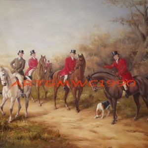 Jolly Fox Hunting Party Oil Painting – Fox Hunting, Huntsman & Hounds – Inspired by Heywood Hardy